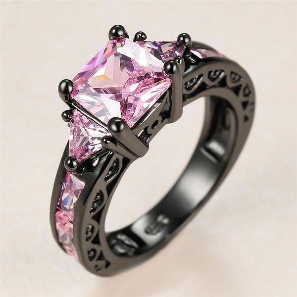 

classic square stone engagement ring pink crystal zircon rings for women vintage fashion black gold female wedding jewelry, Slivery;golden
