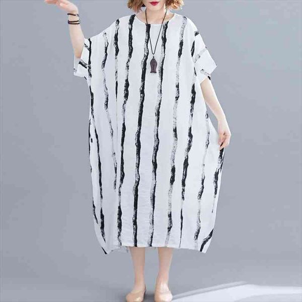 

plus size striped summer korean beach dress women cotton vintage ladies dresses oversized casual long dress 4xl 5xl 6xl, White