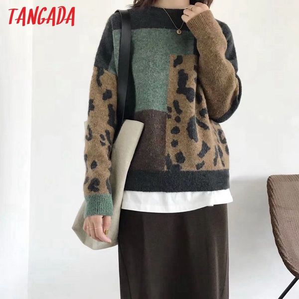 

women elegant leopard patchwork brown knitted sweater jumper o neck female oversize pullovers chic wf11 210416, White;black