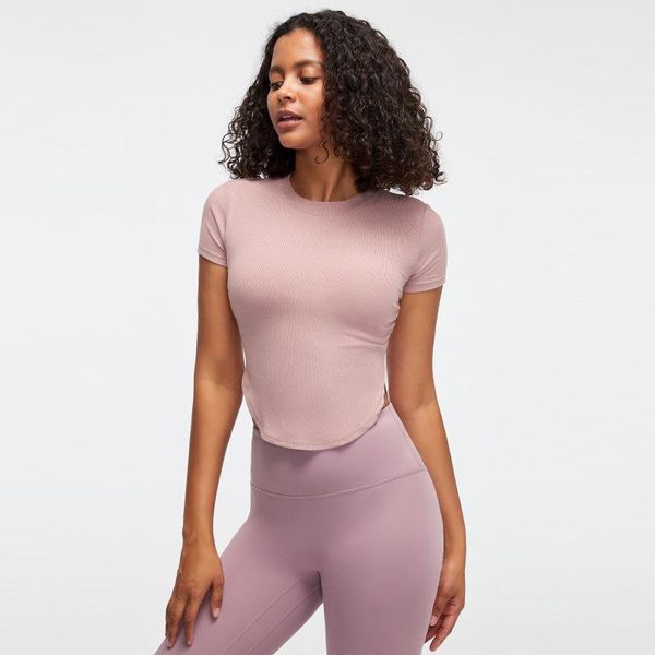 

yoga outfit ribbed crop short sleeve t shirt shirts removable padded gym running fitness workout active wear women