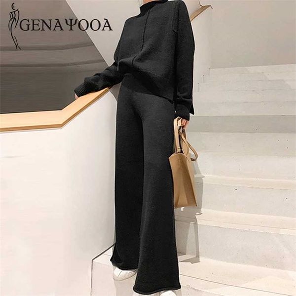 

genayooa two piece set pullover sweater tracksuit women high waist knit wide leg pants suit 2 winter 211103, White
