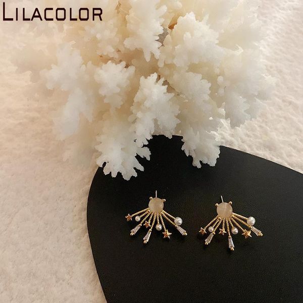 

lilacolor fan zircon pearl stud earrings for women 2021 s925 silver pins korean sweet girls earring party beach ear jewelry, Golden;silver