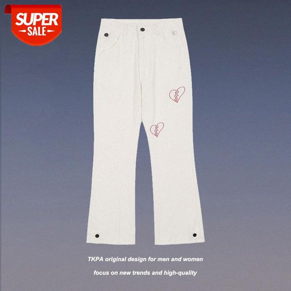 

tkpa style love embroidery wide-leg jeans hip-hop retro personality micro-flared trousers for men and women #kn8y, Black
