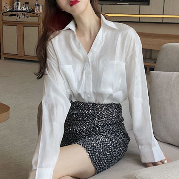 

new arrivals long sleeve white blouse femme v-neck loose cardigan shirts women office lady blouses women casual 12047 210417