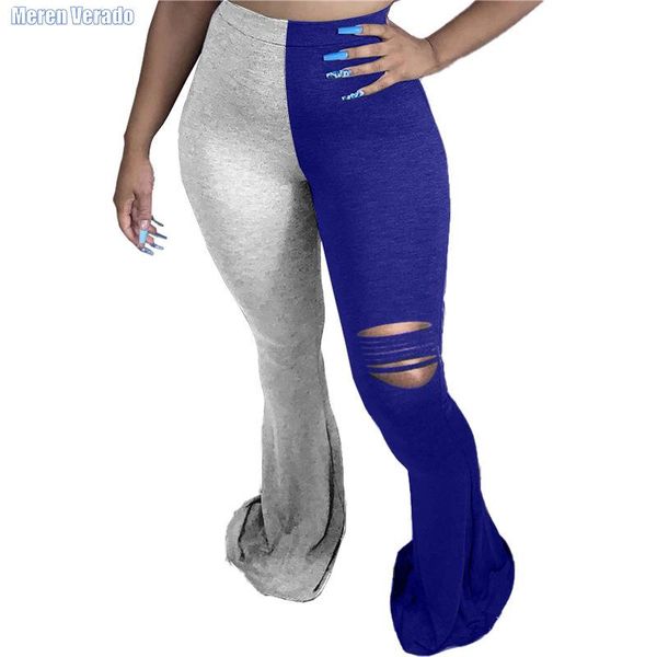

women's pants & capris meren verado casual patchwork women hole elastic high waist flare bell bottom trousers draped jogger sweatpants, Black;white