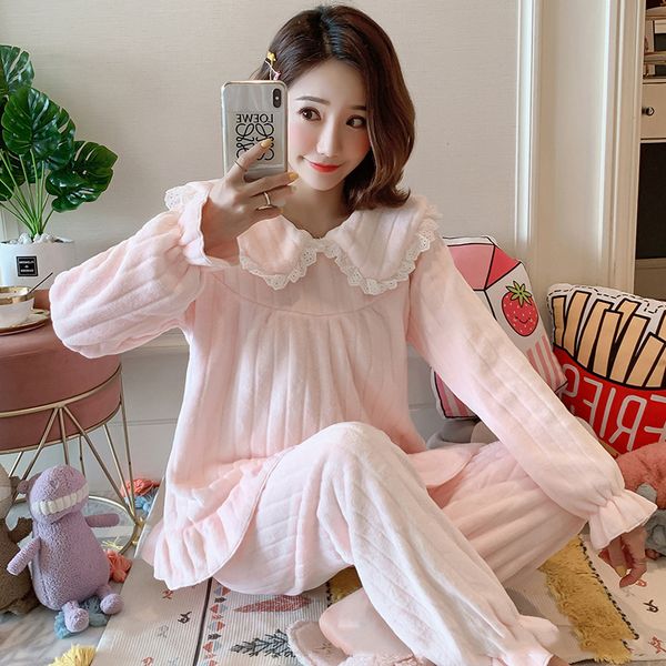 

20212021 winter pajama women korean sleepwear cute cartoon flannel pajamas set velvet warm pijama round neck pyjama homewear women, Black;red