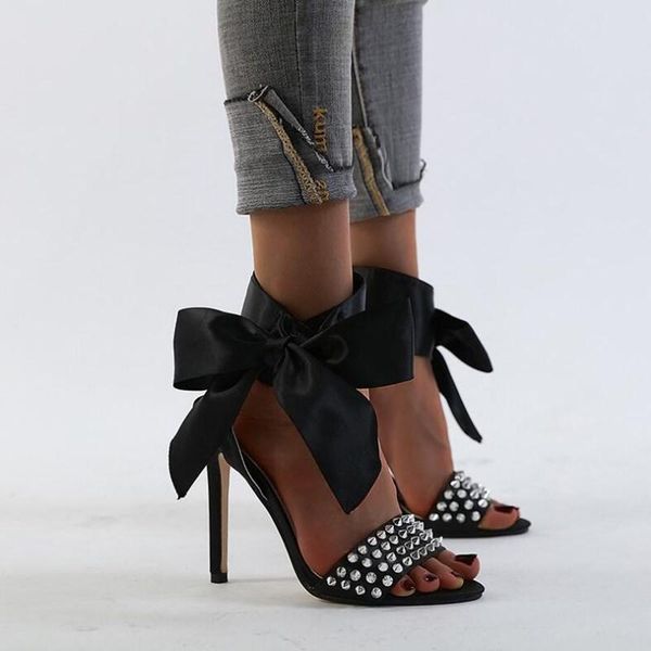 

leather stiletto super high heel sandals open toe bow 2021 brand shoes women, Black