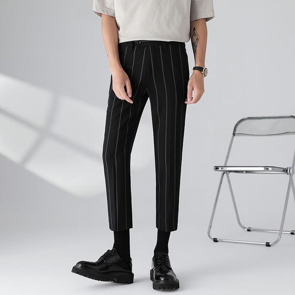 

men's suits & blazers quality summer ankle length striped suit pants men clothing 2021 simple slim fit casual office trousers business, White;black