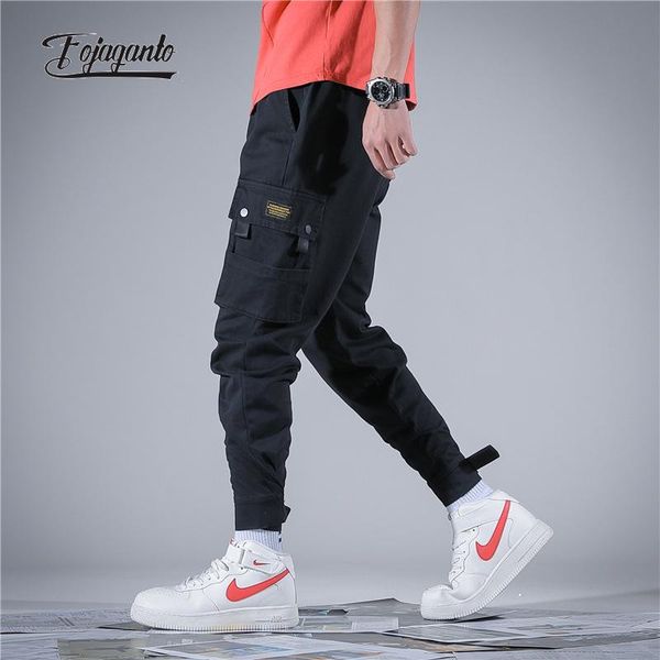 

men's pants fojaganto japanese nine-point trousers youth loose-fitting cotton printed casual camouflage overalls men, Black