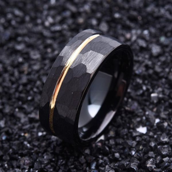 Eheringe Soul Men 8mm Schwarz mit Roségold Wolframcarbid Hammer Matte Finish Einzigartiges Design Schmuck Band Geschenk