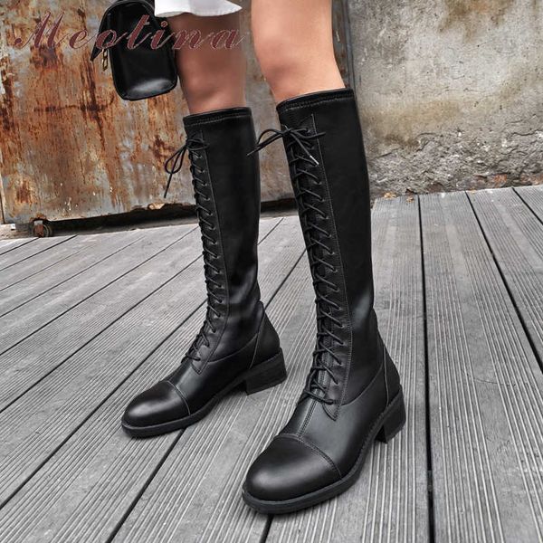

meotina genuine leather mid heel knee-high boots women shoes round toe chunky heels lace up long boots autumn winter black beige 210608