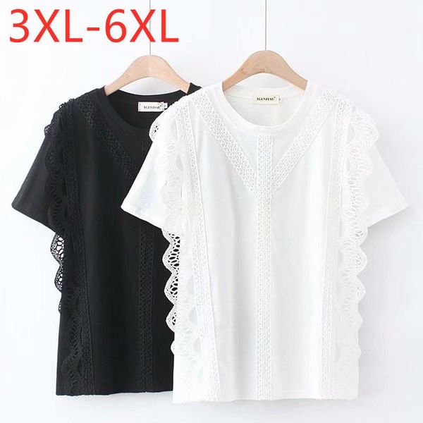 

women's t-shirt 2021 ladies summer plus size for women large short sleeve loose cotton white black lace o-neck 3xl 4xl 5xl 6xl