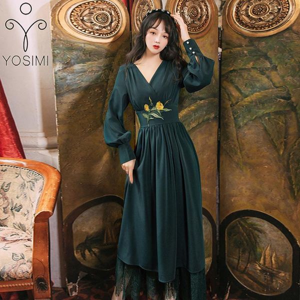 

casual dresses yosimi 2021 silk and lace long women dress floral embroidery full sleeve v-neck mid-calf green evening party night elegant, Black;gray