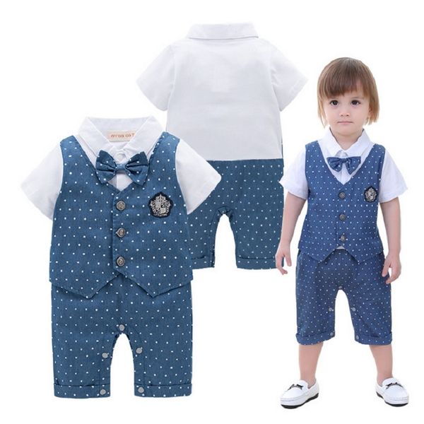

baby boy tuxedo costume romper gentleman dot vest infant shortall newborn jumpsuits evening dress clothes handsome outfit robe 210413, Blue