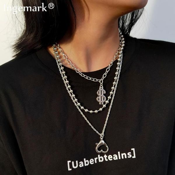 

pendant necklaces hip hop clasp heart choker necklace collar unique usd dollar shape multilayer alloy beaded chain women jewelry, Silver