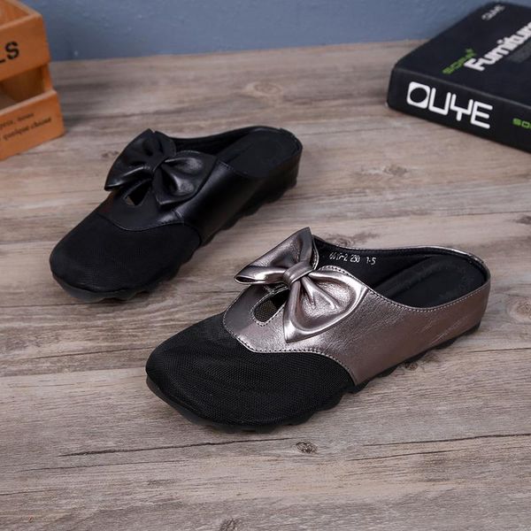 

sandals women bowtie mesh leather round head platform gladiator summer sandale femme 2021 slippers, Black