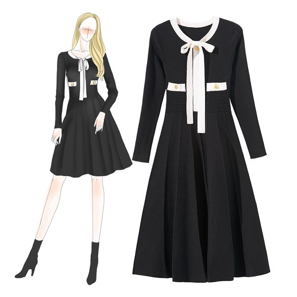 

casual dresses fall autumn black long sleeve round neck contrast color knitted ribbon tie bow panelled mid-calf fashion dress & o15972401 dn, Black;gray