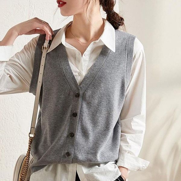 

women's vests [ewq] korea chic casual trend women v-neck solid single-breasted fashion simple sleeveless knitted vest autumn 2021 16e24, Black;white