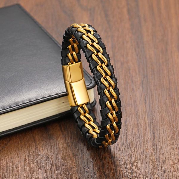 

link, chain men's genuine leather double magnetic stainless steel buckle black gold braided and bangle jewelry