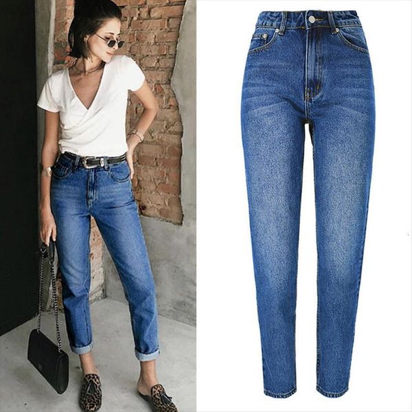 

mom denim cotton casual women jean blue high waist straight leg ladies pants plus size 3xl clothing
