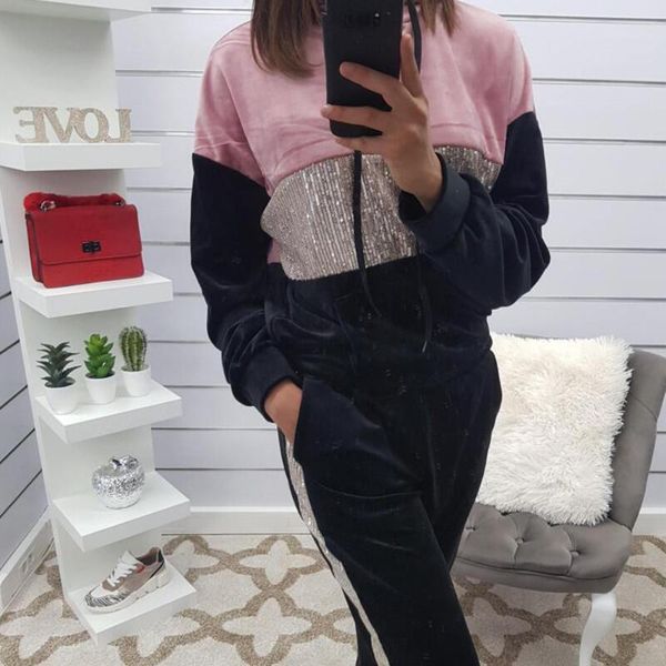 

two piece dress fitness outfits women casual long sleeve sequin set 2021 spring contrast hoodie+sweatpants workout sportsuits d30, White