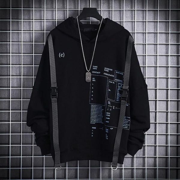

men's hoodies & sweatshirts ribbon pullover japanese hip hop high street fashion spring and autumn letter printing casual hooded sweate, Black