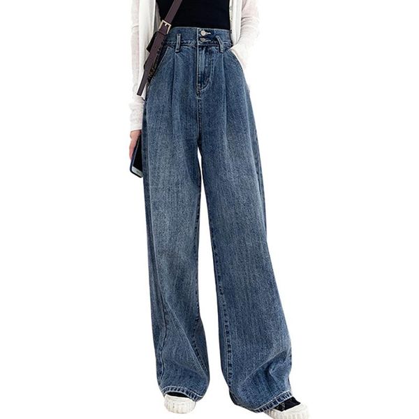 

loose wide-leg women jeans femme plus size straight leg pants high waist vintage trousers winter women's, Blue