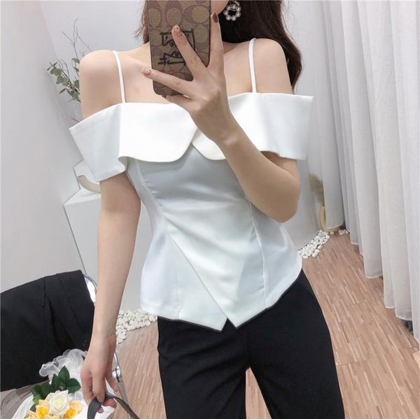 

women's blouses & shirts european summer slim ruffled temperament sling sleeveless one-shoulder women fashion streetwear 2021, White