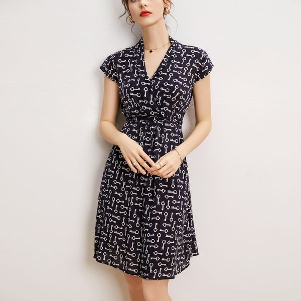 

100% silk women's dresses v neck short sleeves printed side pockets fashion summer dress vestidos, Black