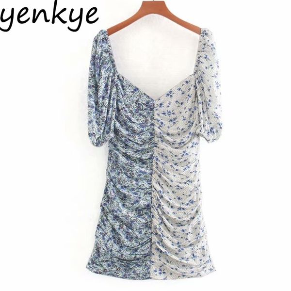 

summer women vintage patchwork floral print dress v neck short sleeve draped bodycon chiffon mini vestidos 210514, Black;gray