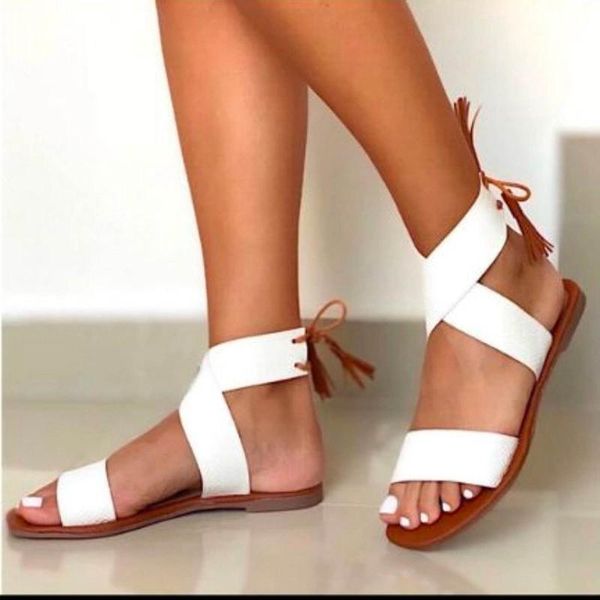 

sandals summer women fringed flat female lace up roman shoes large size cross strap ladies sandalias mujer, Black