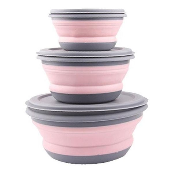 

dinnerware sets 3pcs/set bowl silicone folding lunch box portable foldable salad with lid
