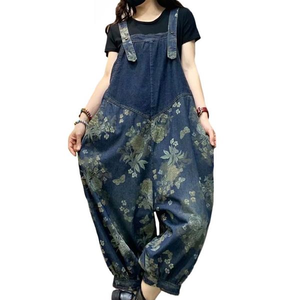 

women's jeans fairynatural design korean overalls female print women retro causal denim pants button cotton long pantalon big size, Blue