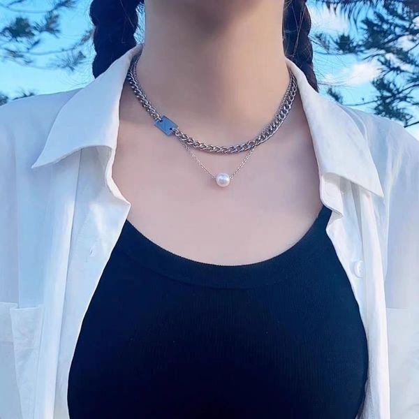 

chokers fashion necklace personalized titanium alloy nameplate pearl and women's accessories splicing, Golden;silver
