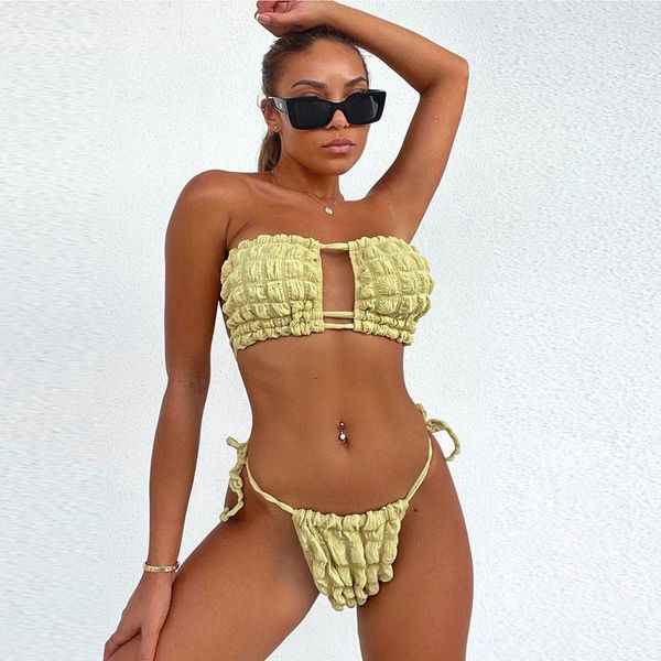 

women's swimwear folds high waisted swimsuit summer women biquini tube yellow 2 piece set wire solid lace fashion brazilian bi, White;black