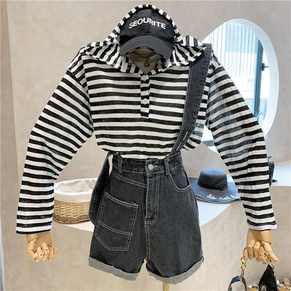 

women's tracksuits niche design clothing 2021 striped long sleeve hooded pullover + high waist denim sling shorts pants 2 piece set, Gray