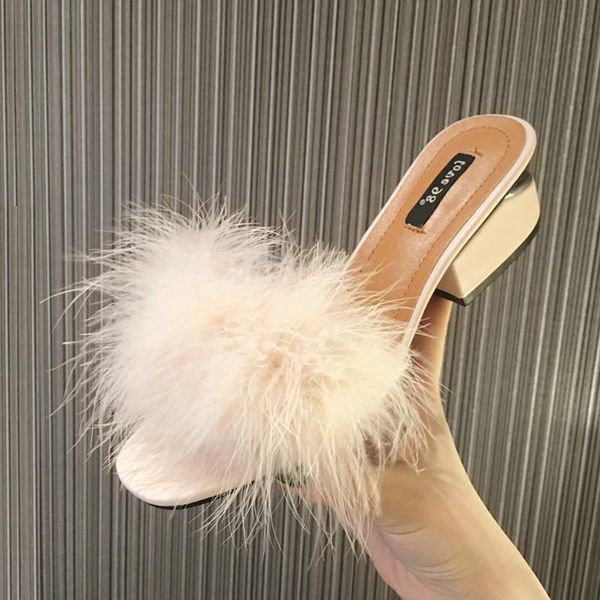 

ostrich feather high heel sandals women summer med open toe beach ladies decorate fur flip flops mujer, Black