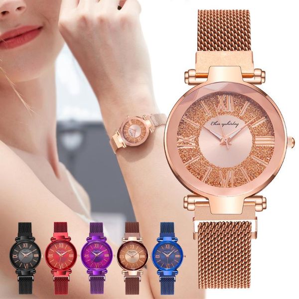 

wristwatches selling magnetic buckle strap fashion watch simple starry sky roman dial all-match quartz christmas watches for women, Slivery;brown