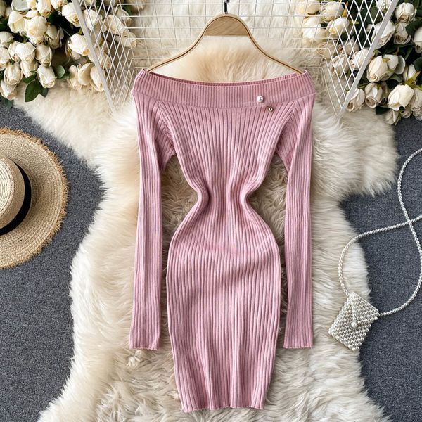 

women korean knitted dress slash neck long sleeve elastic sheath pencil dress autumn pearl brooch short dress 210419, Black;gray