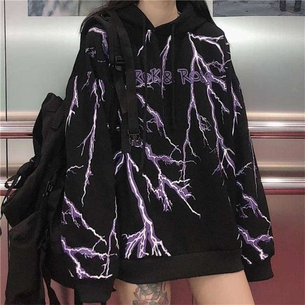 

nicemix winter women's korean harajuku streetwear dark lightning print hooded sweatshirt fashion loose women's sweatshirt 210928, Black