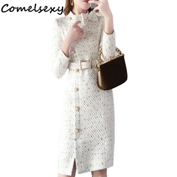 

casual dresses arrival 2021 winter runway long sleeve tweed dress autumn chic women elegant slim vintage woolen vestidos, Black;gray