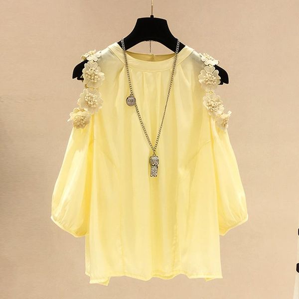 

blusas mujer de moda 2021 flower decoration chiffon shirt loose style off shoulder women's blouse blouses & shirts, White