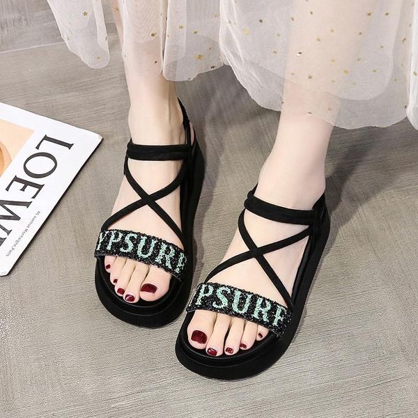 

sandals thick-soled women 2021 summer student fashion all-match flat shoes non-slip breathable beach slippers, Black