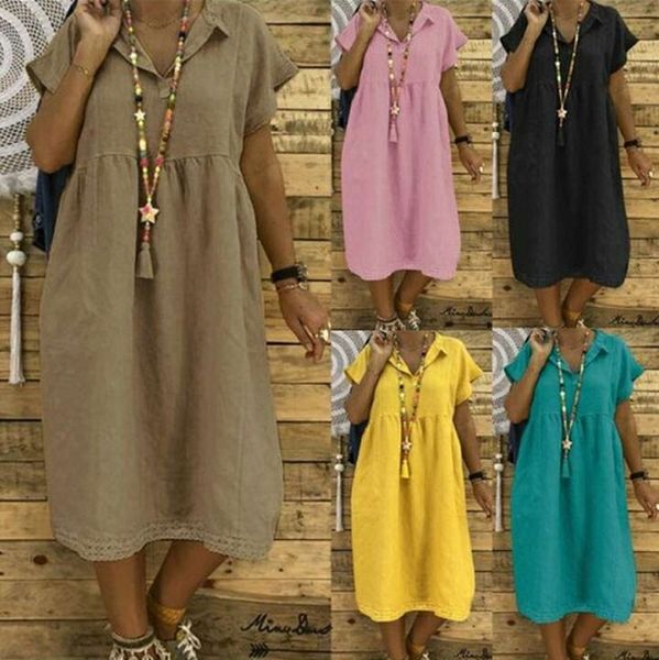 

dresses 2021 summer new large women's loose short sleeve solid cotton linen dress, Black;gray