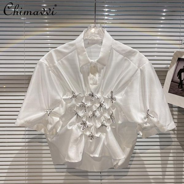 

women's blouses & shirts 2021 summer turn-downed collar rhinestone diamond pleated white shirt women short puff sleeve loose
