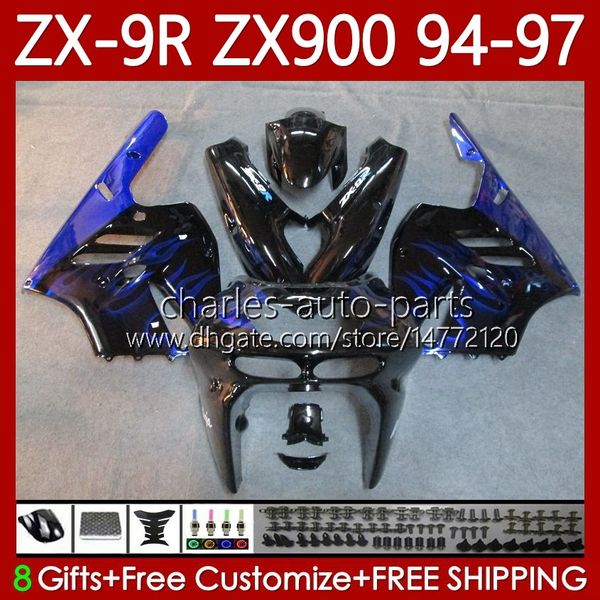 Kit de feiras para Kawasaki Ninja ZX-9R ZX 9R 9 R 900 CC ZX9 R ZX9R 94 95 96 97 Bodywork 100No.80 ZX900 900CC ZX-900 1994 1995 1997 Azul Chamas ZX900C 94-97 OEM Moto