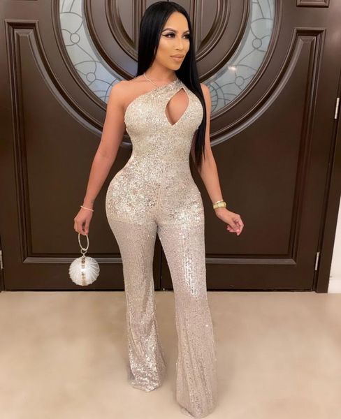 

women's jumpsuits & rompers okayoasis women one shoulder hollow out sequined party jumpsuit wide leg sequins club, Black;white