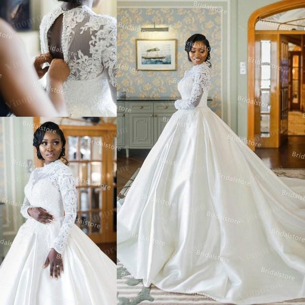 Lange Mouwen Kant Afrikaanse Trouwjurk 2021 Hoge Hals Satijn Een Lijn Land Bruidsjurken Elegant vestido de noiva prinssa robe mariage