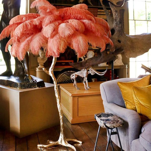 

modern luxury 100% copper brass floor lamp ostrich feather nordic resin art standing lamps for living room office