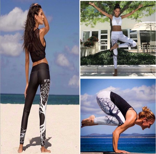 

leggings fashion digital tree print hip high waist sports, Black